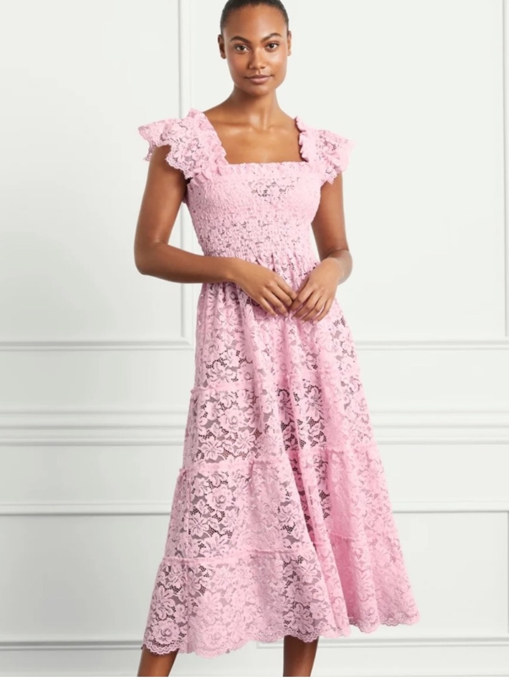Hill House Pink Lace Tiered Midi Dress